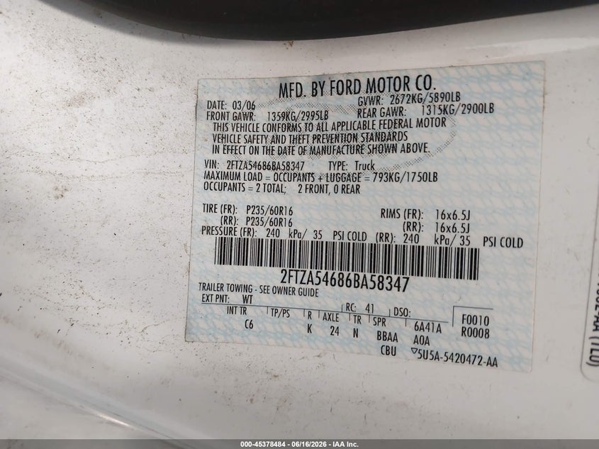 2006 Ford Freestar VIN: 2FTZA54686BA58347 Lot: 45378484