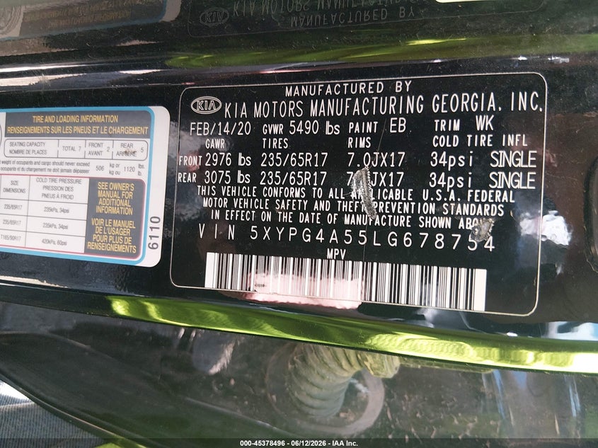 2020 Kia Sorento 3.3L Lx VIN: 5XYPG4A55LG678754 Lot: 45378496