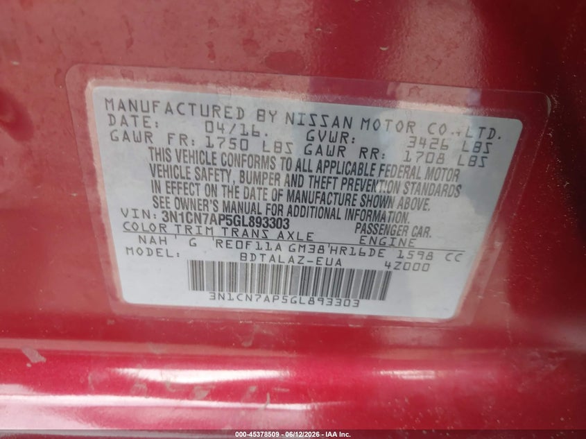 2016 Nissan Versa 1.6 S+ VIN: 3N1CN7AP5GL893303 Lot: 45378509