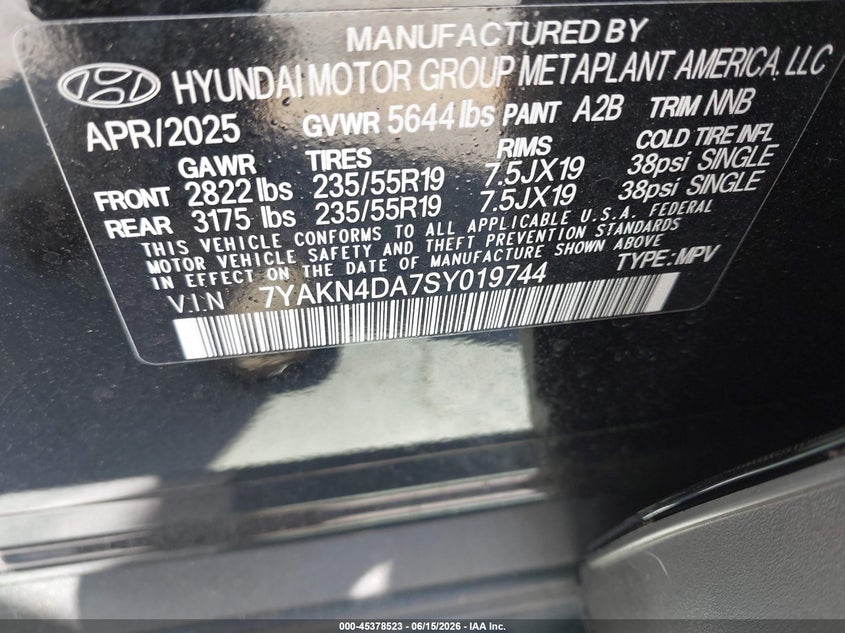 2025 Hyundai Ioniq 5 Sel VIN: 7YAKN4DA7SY019744 Lot: 45378523