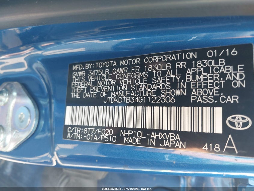 2016 Toyota Prius C Two VIN: JTDKDTB34G1122306 Lot: 45378533