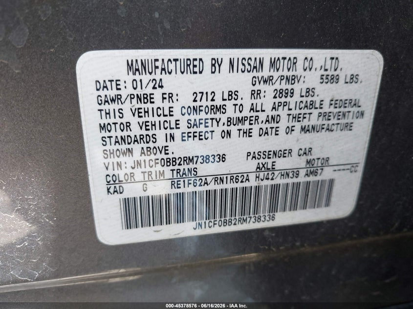 2024 Nissan Ariya Engage VIN: JN1CF0BB2RM738336 Lot: 45378576