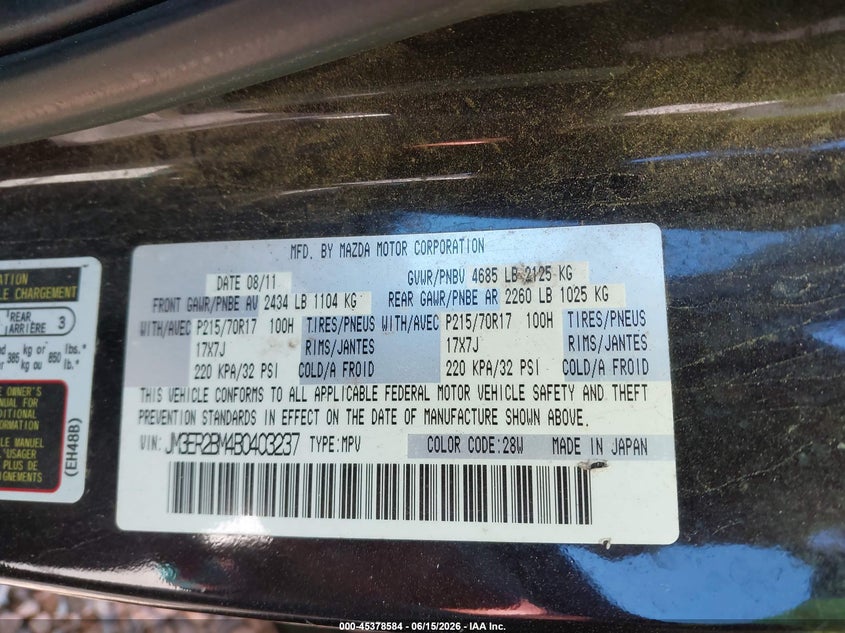 2011 Mazda Cx-7 I Sport VIN: JM3ER2BM4B0403237 Lot: 45378584