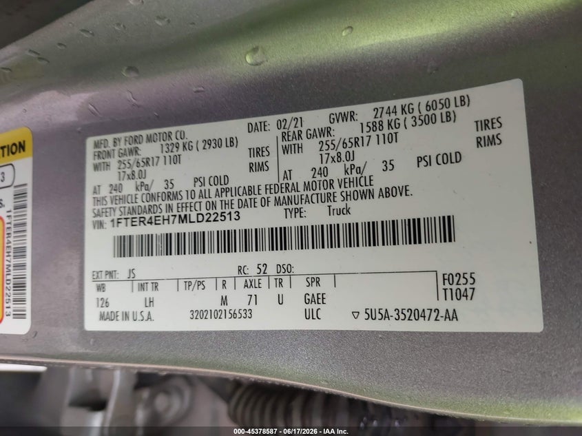 2021 Ford Ranger Xlt VIN: 1FTER4EH7MLD22513 Lot: 45378587