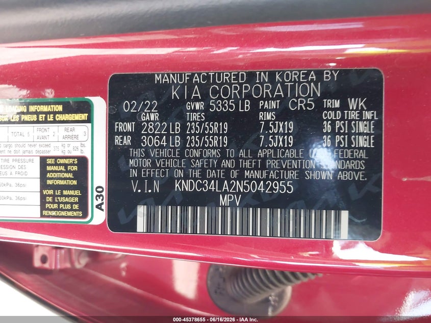 2022 Kia Ev6 Wind VIN: KNDC34LA2N5042955 Lot: 45378655