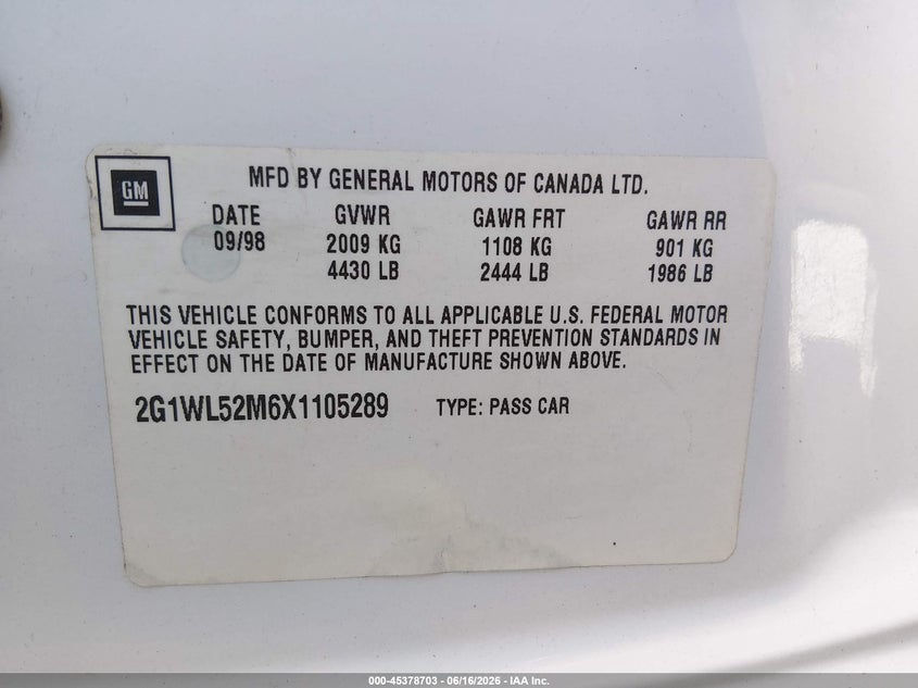 1999 Chevrolet Lumina VIN: 2G1WL52M6X1105289 Lot: 45378703