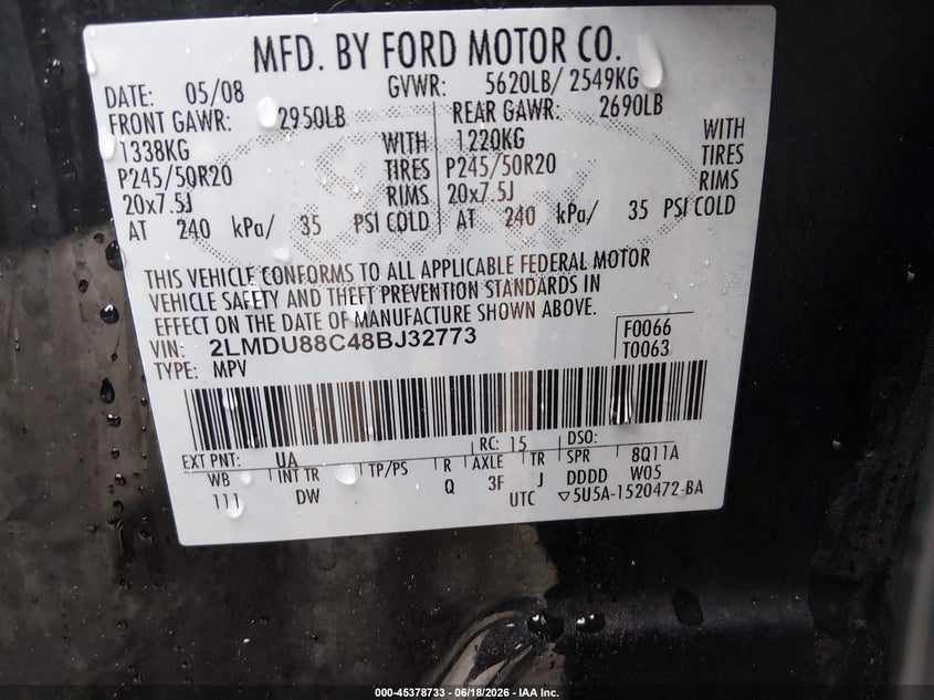 LINCOLN MKX 2008 VIN 2LMDU88C48BJ32773