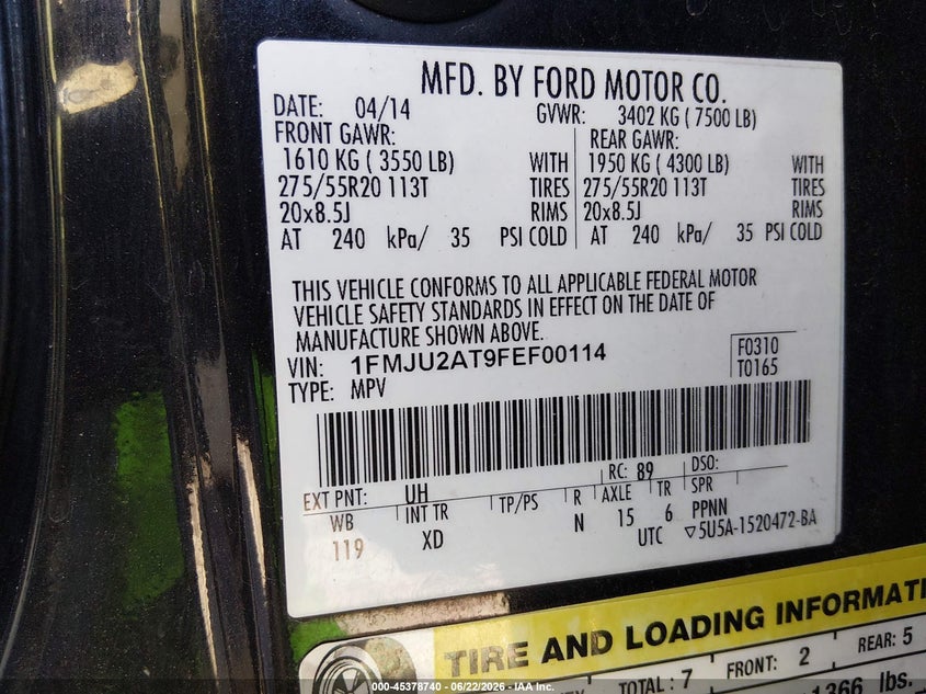 FORD EXPEDITION 2015 VIN 1FMJU2AT9FEF00114