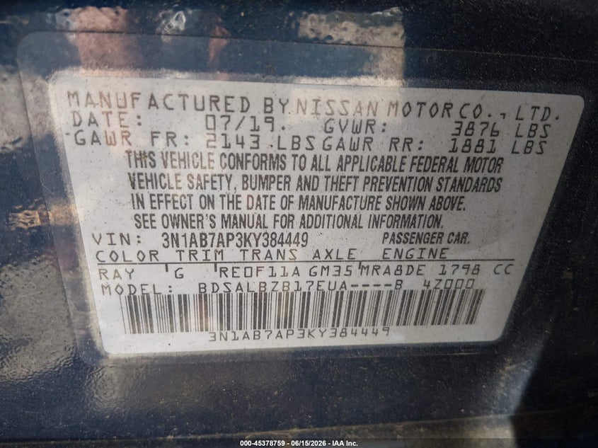 2019 Nissan Sentra S VIN: 3N1AB7AP3KY384449 Lot: 45378759