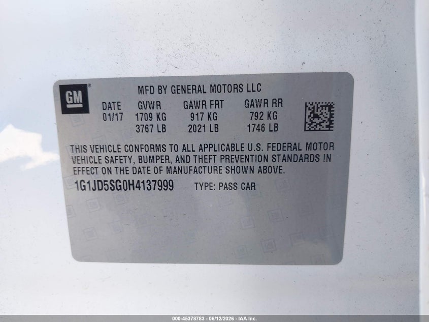 2017 Chevrolet Sonic Lt Auto VIN: 1G1JD5SG0H4137999 Lot: 45378783