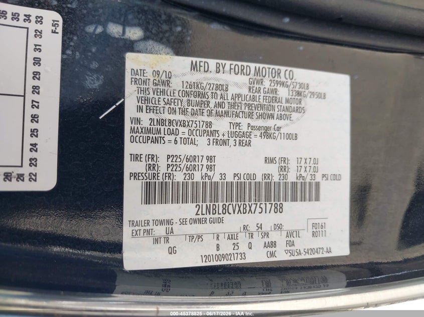 2011 Lincoln Town Car Signature Limited VIN: 2LNBL8CVXBX751788 Lot: 45378825