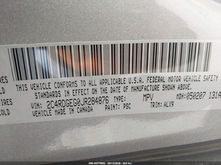 DODGE GRAND CARAVAN 2018 VIN 2C4RDGEG0JR284876
