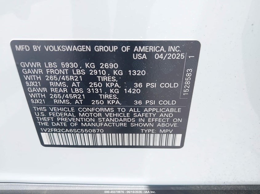 VOLKSWAGEN ATLAS 2025 VIN 1V2FR2CA6SC550870