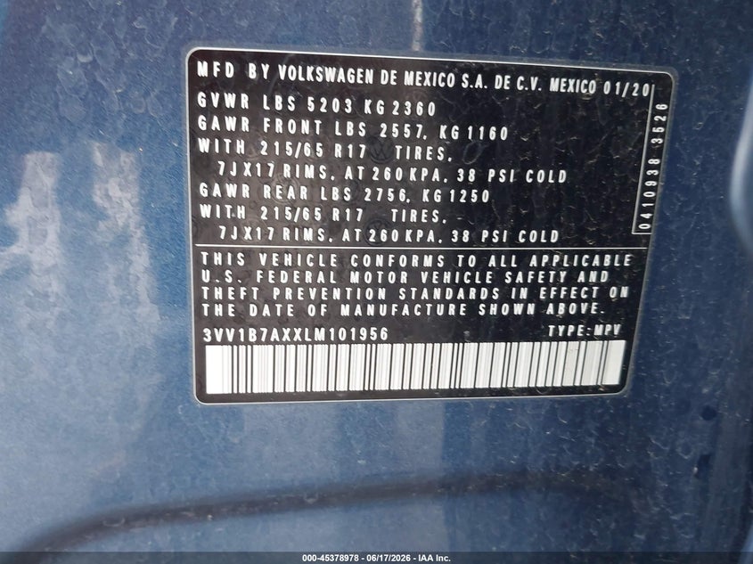 2020 Volkswagen Tiguan 2.0T S VIN: 3VV1B7AXXLM101956 Lot: 45378978