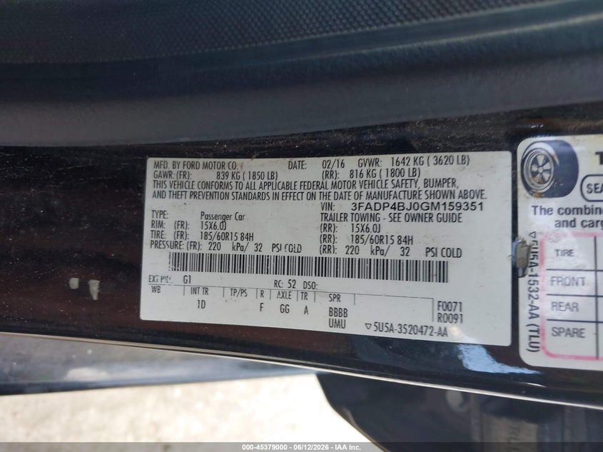2016 Ford Fiesta Se VIN: 3FADP4BJ0GM159351 Lot: 45379000