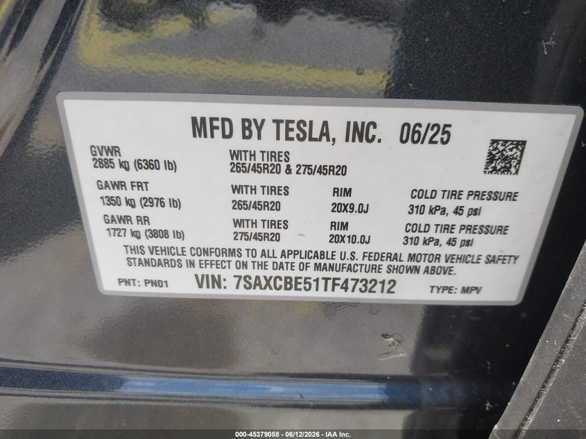 2026 Tesla Model X All-Wheel Drive VIN: 7SAXCBE51TF473212 Lot: 45379058