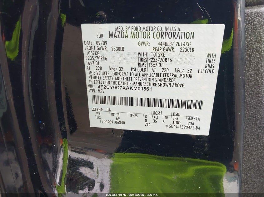 2010 Mazda Tribute I Grand Touring VIN: 4F2CY0C7XAKM01561 Lot: 45379175