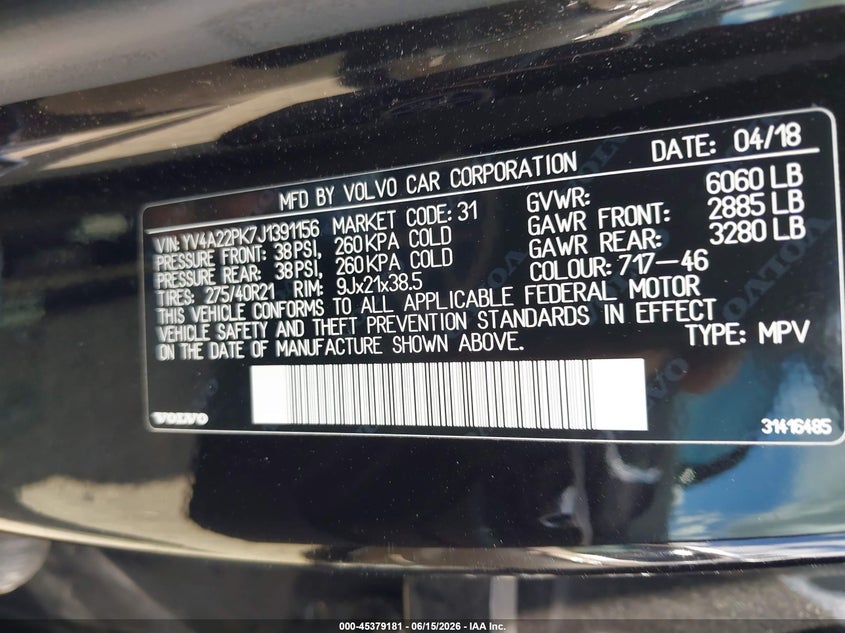 VOLVO XC90 2018 VIN YV4A22PK7J1391156