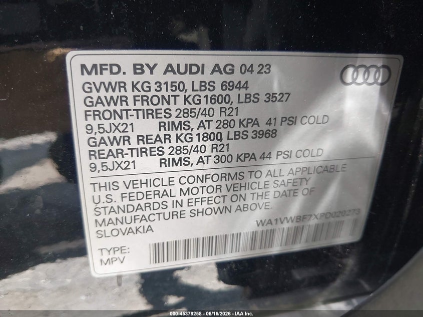 2023 Audi Sq7 Prestige Tfsi Quattro Tiptronic VIN: WA1VWBF7XPD020273 Lot: 45379258