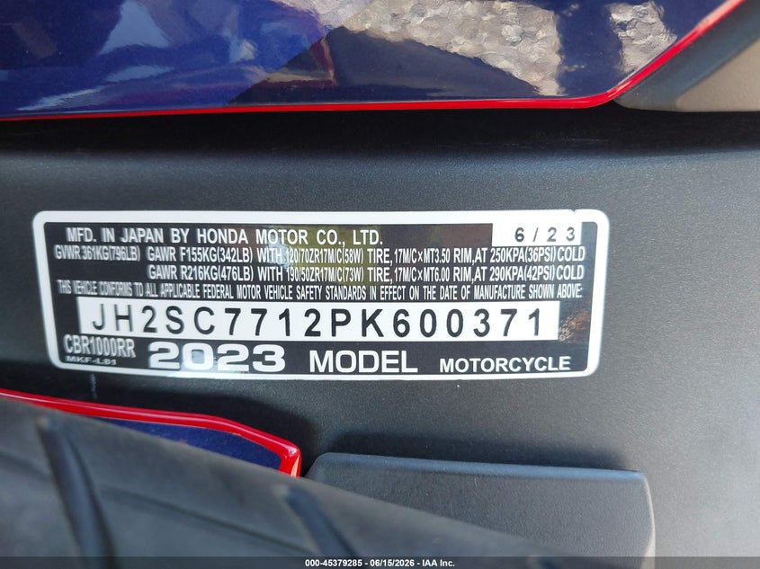 2023 Honda Cbr1000 Rr VIN: JH2SC7712PK600371 Lot: 45379285