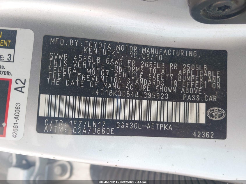 2011 TOYOTA AVALON SEDAN 3.5L V-6 DOHC, VVT, 268HP