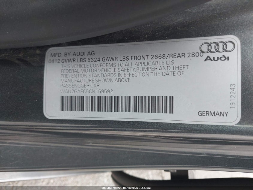 2012 Audi A7 3.0 Prestige VIN: WAU2GAFC5CN169592 Lot: 45379322