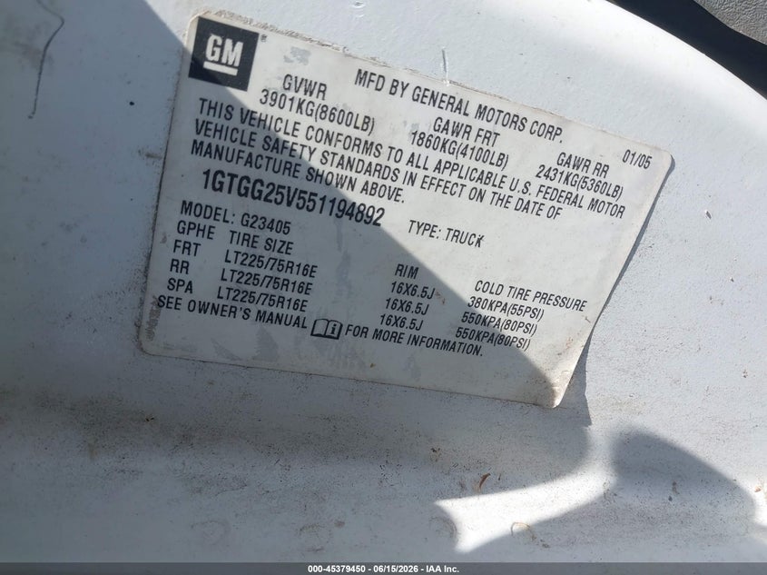 2005 GMC Savana Standard VIN: 1GTGG25V551194892 Lot: 45379450