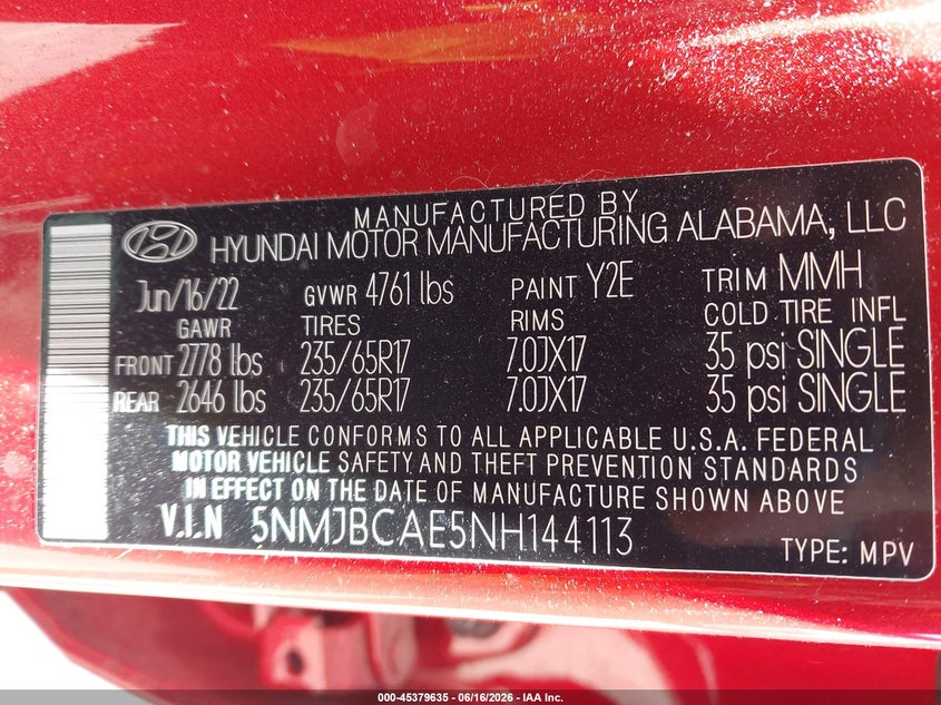 VIN 5NMJBCAE5NH144113 2022 HYUNDAI TUCSON SEL