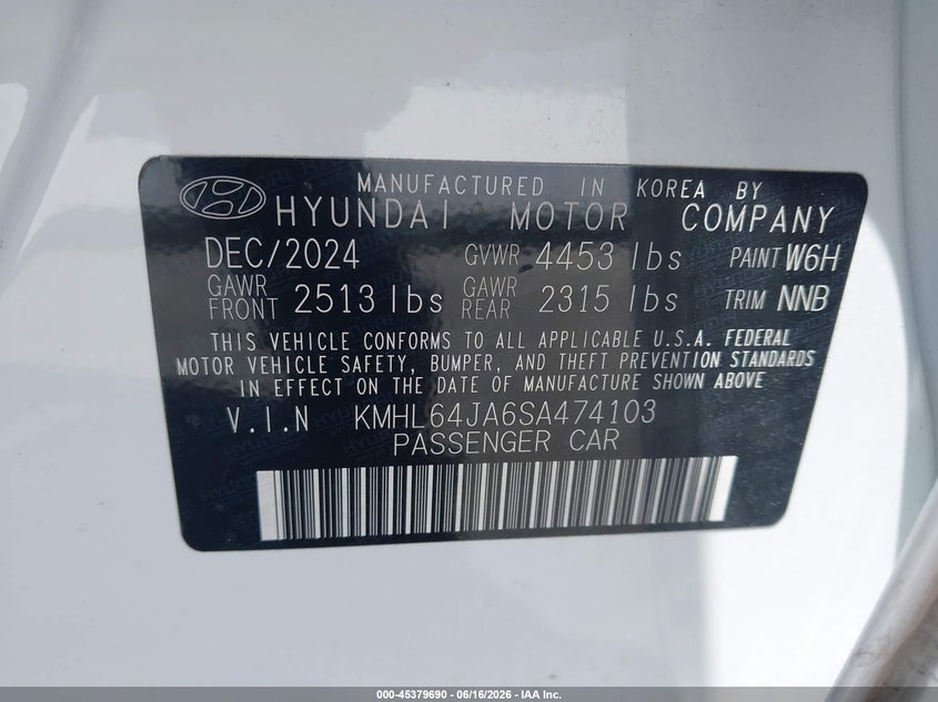 VIN KMHL64JA6SA474103 2025 HYUNDAI SONATA SEL