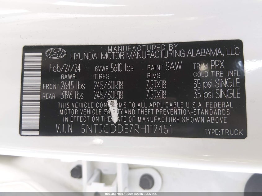 2024 Hyundai Santa Cruz Sel VIN: 5NTJCDDE7RH112451 Lot: 45379697