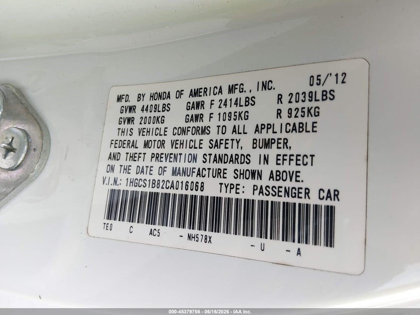 2012 HONDA ACCORD COUPE 2.4L I-4 DOHC, VVT, 190HP