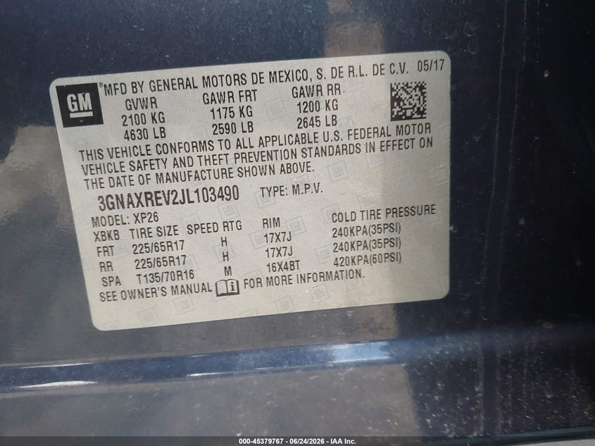 CHEVROLET EQUINOX 2018 VIN 3GNAXREV2JL103490
