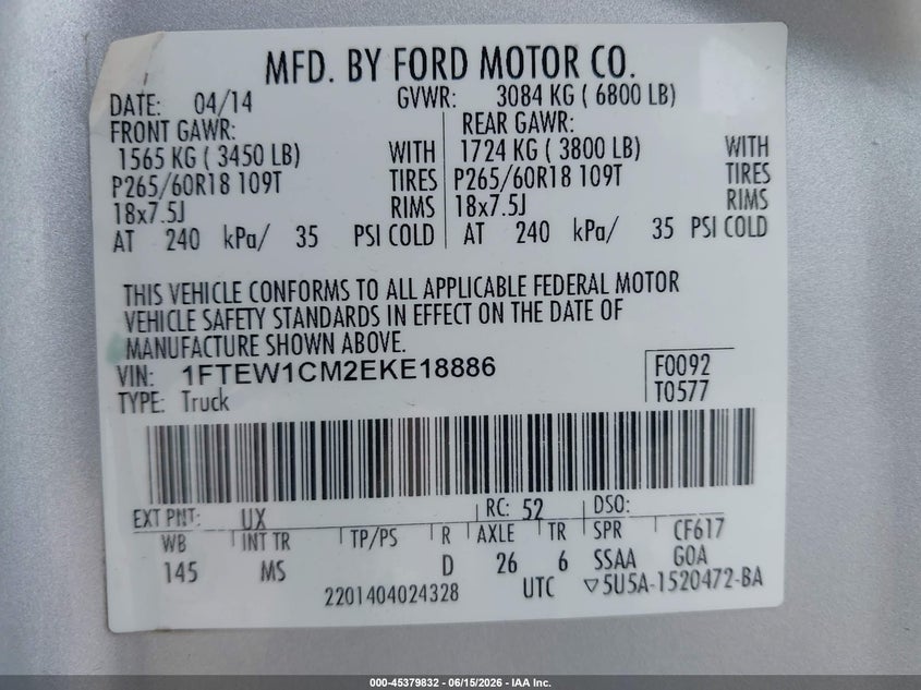 2014 FORD F-150 TRUCK 3.7L V-6 DOHC, VVT, 302HP
