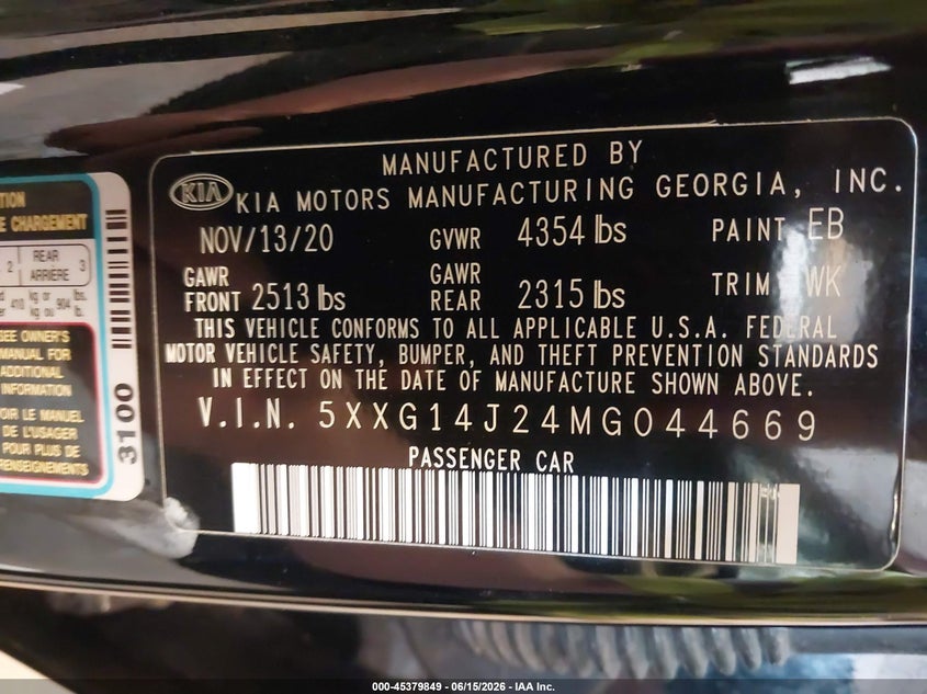 KIA K5 2021 VIN 5XXG14J24MG044669