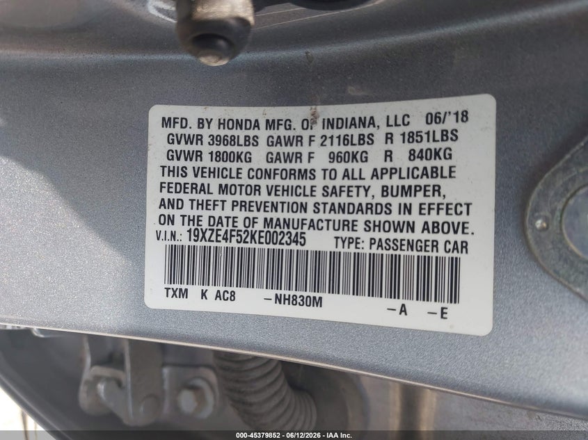 2019 Honda Insight Ex VIN: 19XZE4F52KE002345 Lot: 45379852