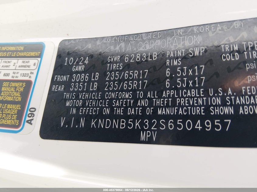 2025 Kia Carnival Mpv Lxs VIN: KNDNB5K32S6504957 Lot: 45379864