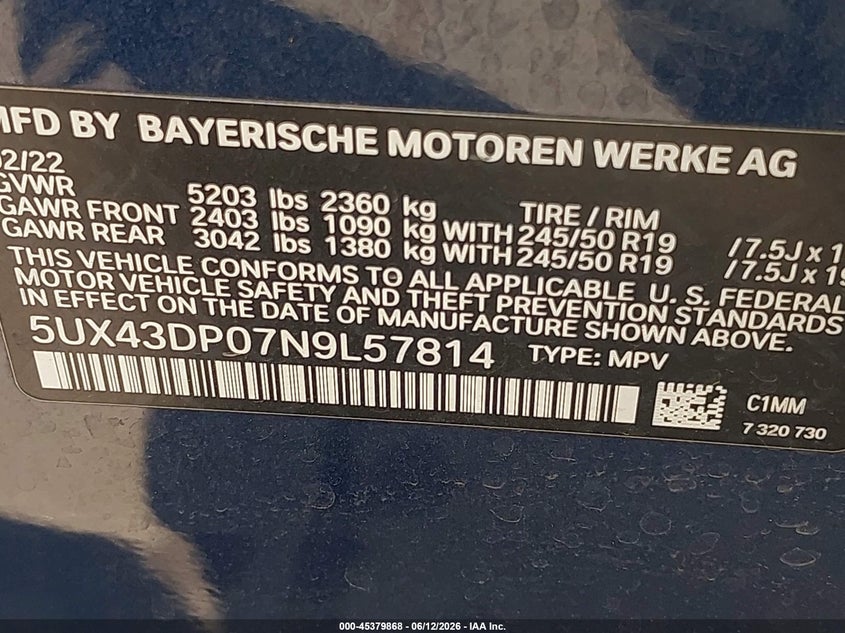 BMW X3 2022 VIN 5UX43DP07N9L57814