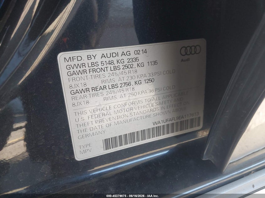 2014 AUDI ALLROAD WAGON 2.0L I-4 DI, DOHC, VVT, TURBO, 220HP