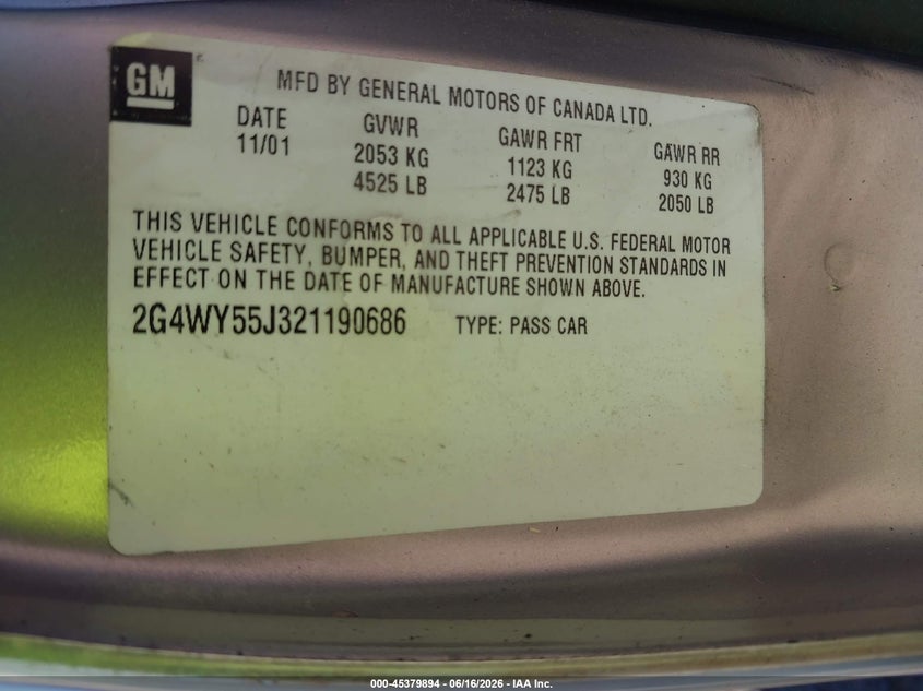 2002 Buick Century Limited VIN: 2G4WY55J321190686 Lot: 45379894