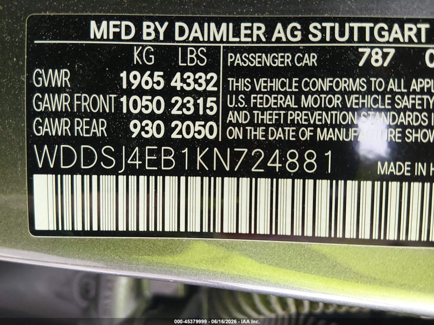 2019 Mercedes-Benz Cla 250 VIN: WDDSJ4EB1KN724881 Lot: 45379999