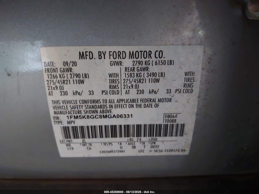 VIN 1FM5K8GC8MGA06331 2021 FORD EXPLORER ST