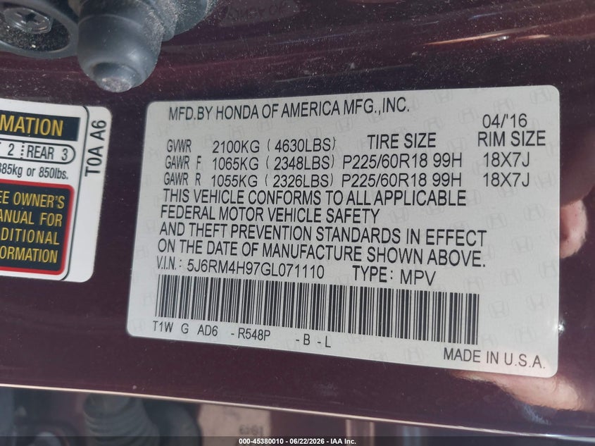 2016 HONDA CR-V SPORT UTILITY VEHICLE 2.4L I-4 DI, DOHC, VVT, 185HP