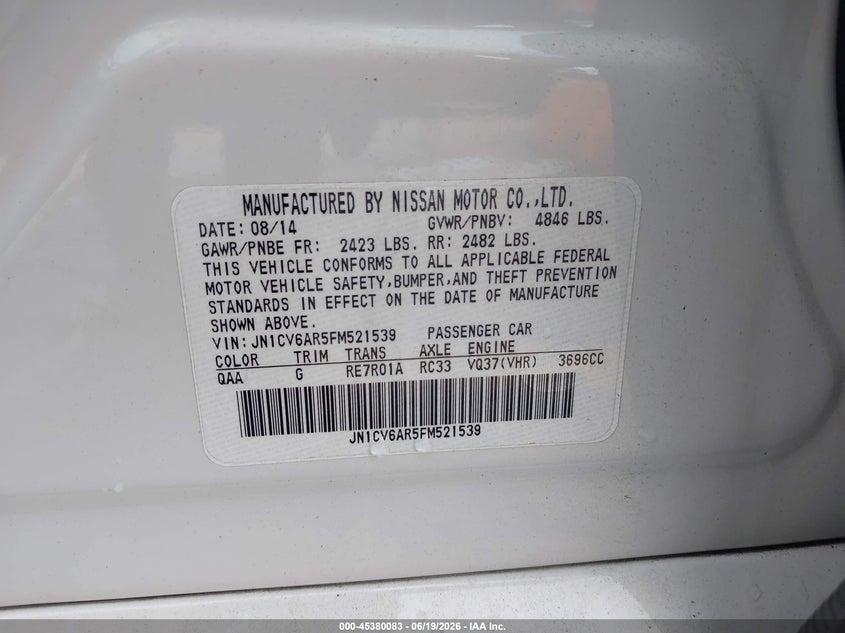 2015 Infiniti Q40 VIN: JN1CV6AR5FM521539 Lot: 45380083