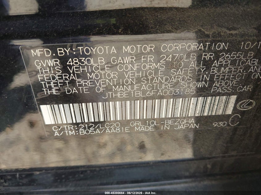 2015 Lexus Gs 350 VIN: JTHBE1BL6FA003185 Lot: 45380084