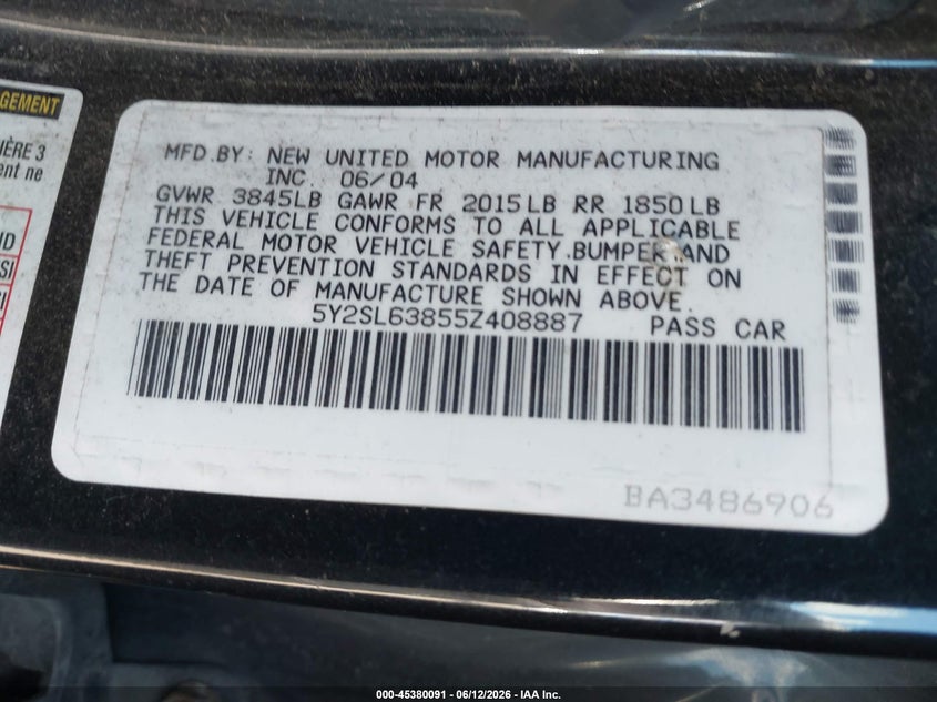 2005 Pontiac Vibe VIN: 5Y2SL63855Z408887 Lot: 45380091