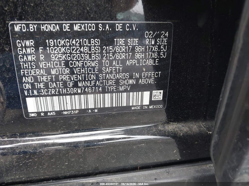 VIN 3CZRZ1H30RM746714 2024 HONDA HR-V 2WD LX