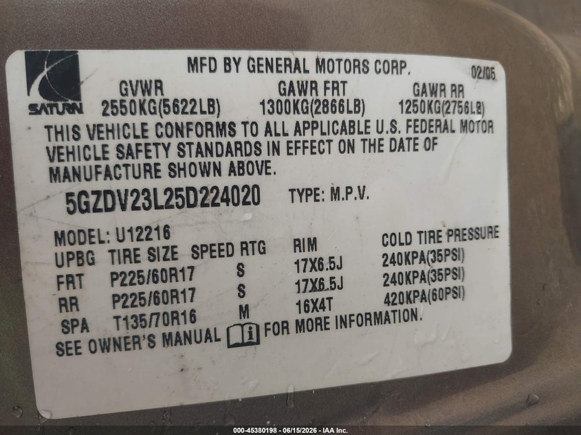 2005 SATURN RELAY VAN 3.5L V-6 200HP