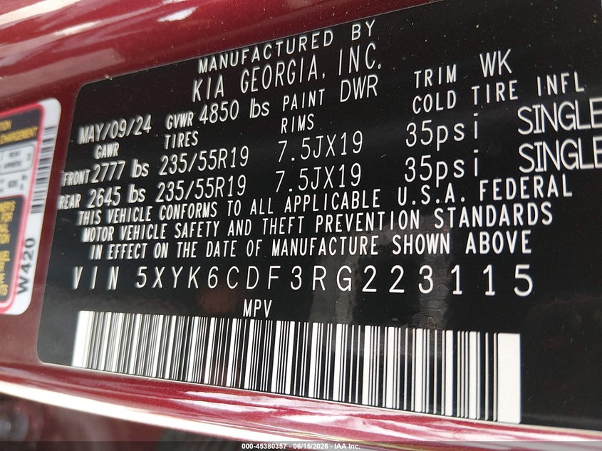 VIN 5XYK6CDF3RG223115 2024 KIA SPORTAGE X-LINE
