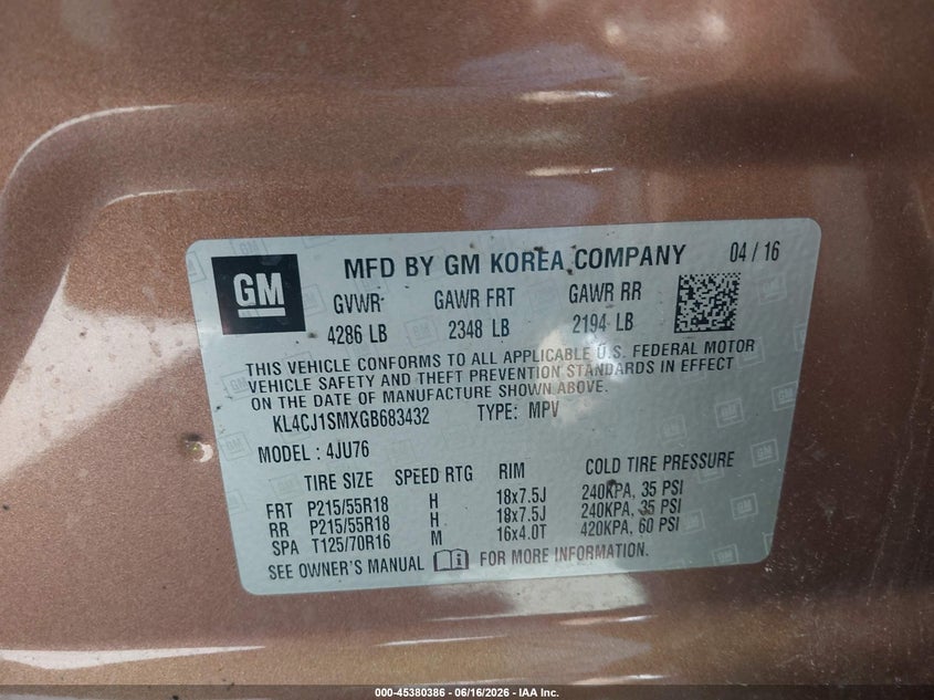 2016 Buick Encore Sport Touring VIN: KL4CJ1SMXGB683432 Lot: 45380386