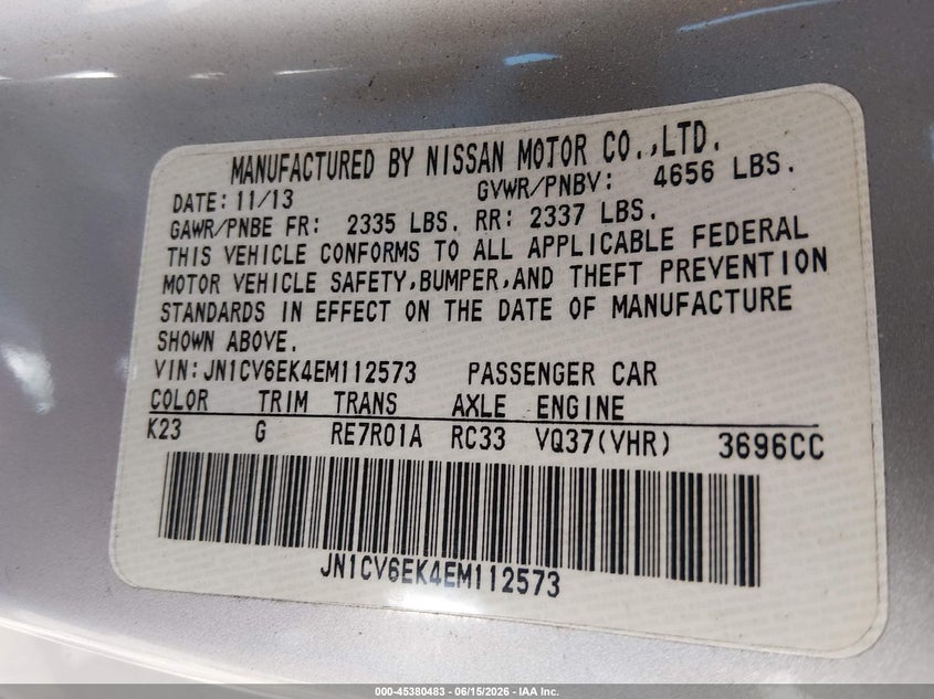 2014 Infiniti Q60 Journey VIN: JN1CV6EK4EM112573 Lot: 45380483